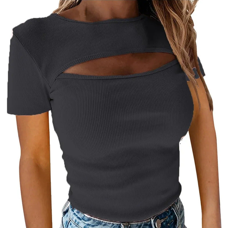 Sexy Chest Hollow-out Short Sleeve Ribbed Top