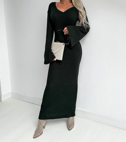 Knitted V-neck Long Sleeve Thick Dress Women