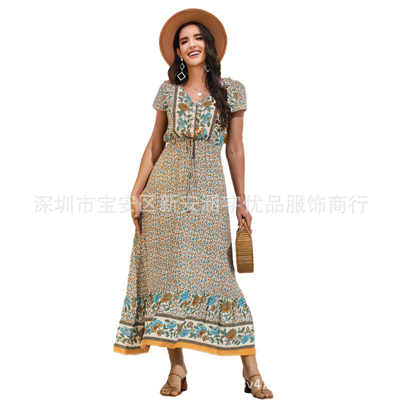 V-neck Rayon Printed Bohemian Dress