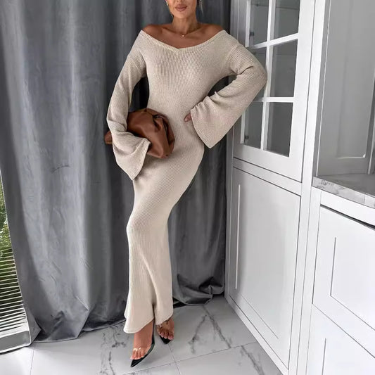 Knitted V-neck Long Sleeve Thick Dress Women