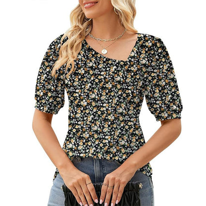 Women's Short Sleeve Irregular Puff Sleeve Loose Floral T-shirt