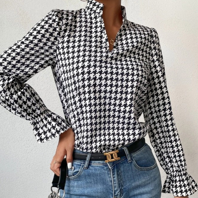 Houndstooth V-neck Long Sleeve Top Women