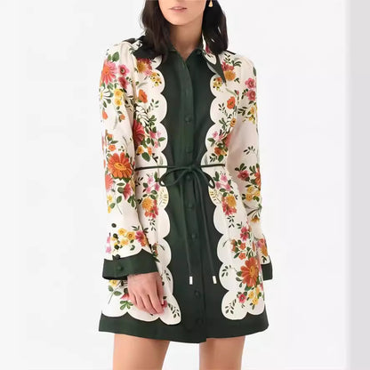 Women's Long Sleeve Plant Print Lace-up Dress