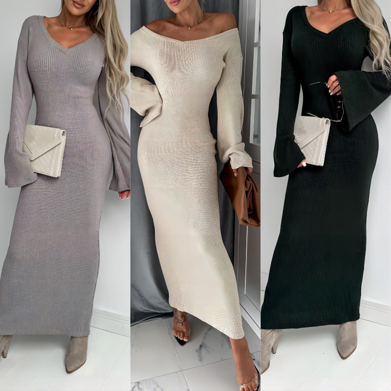 Knitted V-neck Long Sleeve Thick Dress Women