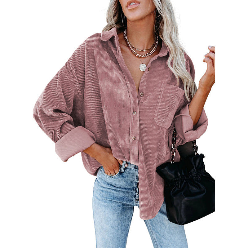 Women's Shirt Solid Color Polo Collar Corduroy Casual Coat