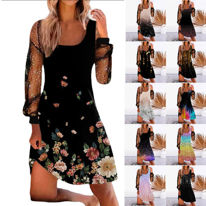 Women's Printed Stitching Mesh Dress