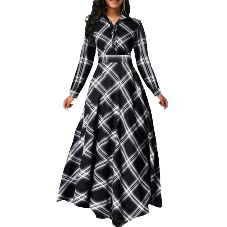 Plaid New Long Long Dress Black And White Temperament Commute Mid-waist Swing Dress