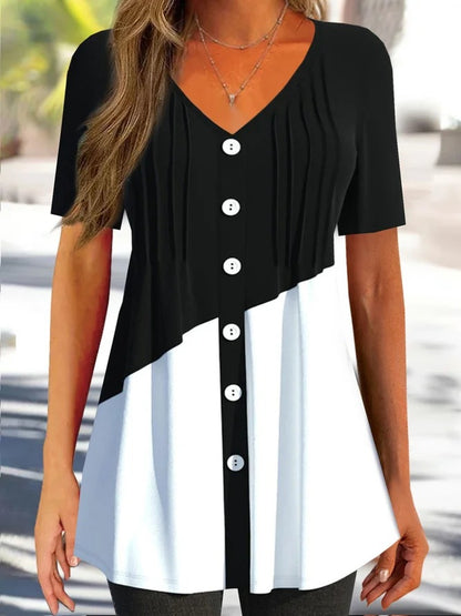 Women's Fashion Colorblock Button V-neck Top