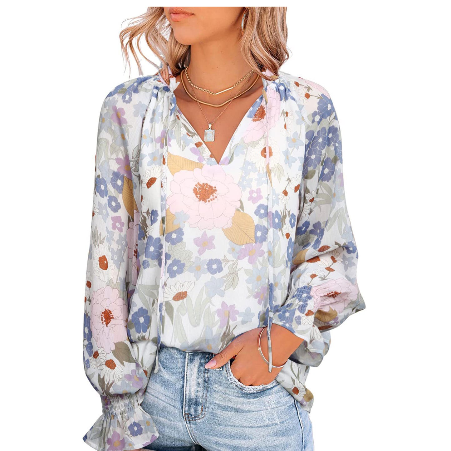 Women's V-neck Lace-up Printed Shirt Top