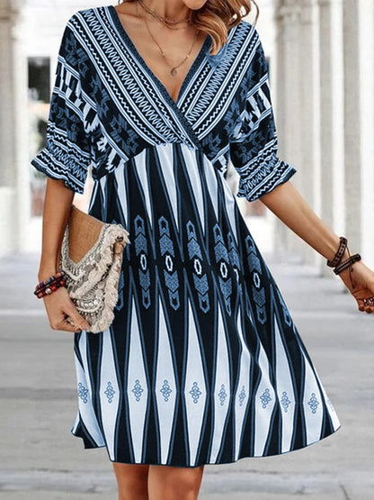 Women's Fashion V-neck Printed Short Sleeve Dress