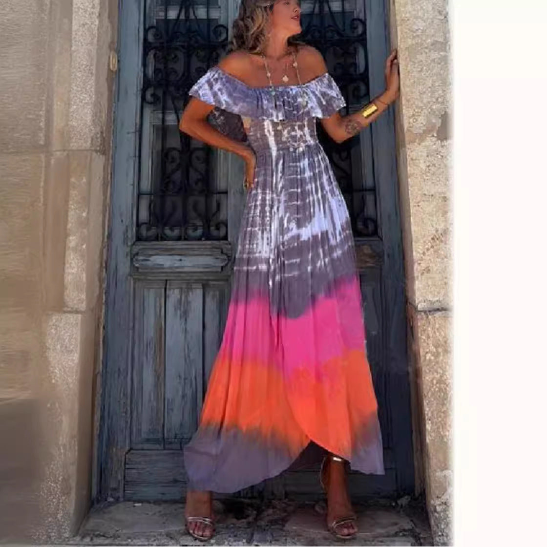 Off-shoulder Tie-dyed Split Women's Dress