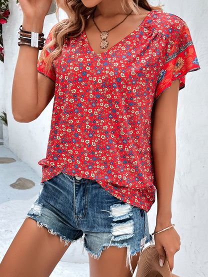 Women's Fashionable Elegant Floral V-neck Shirt Top