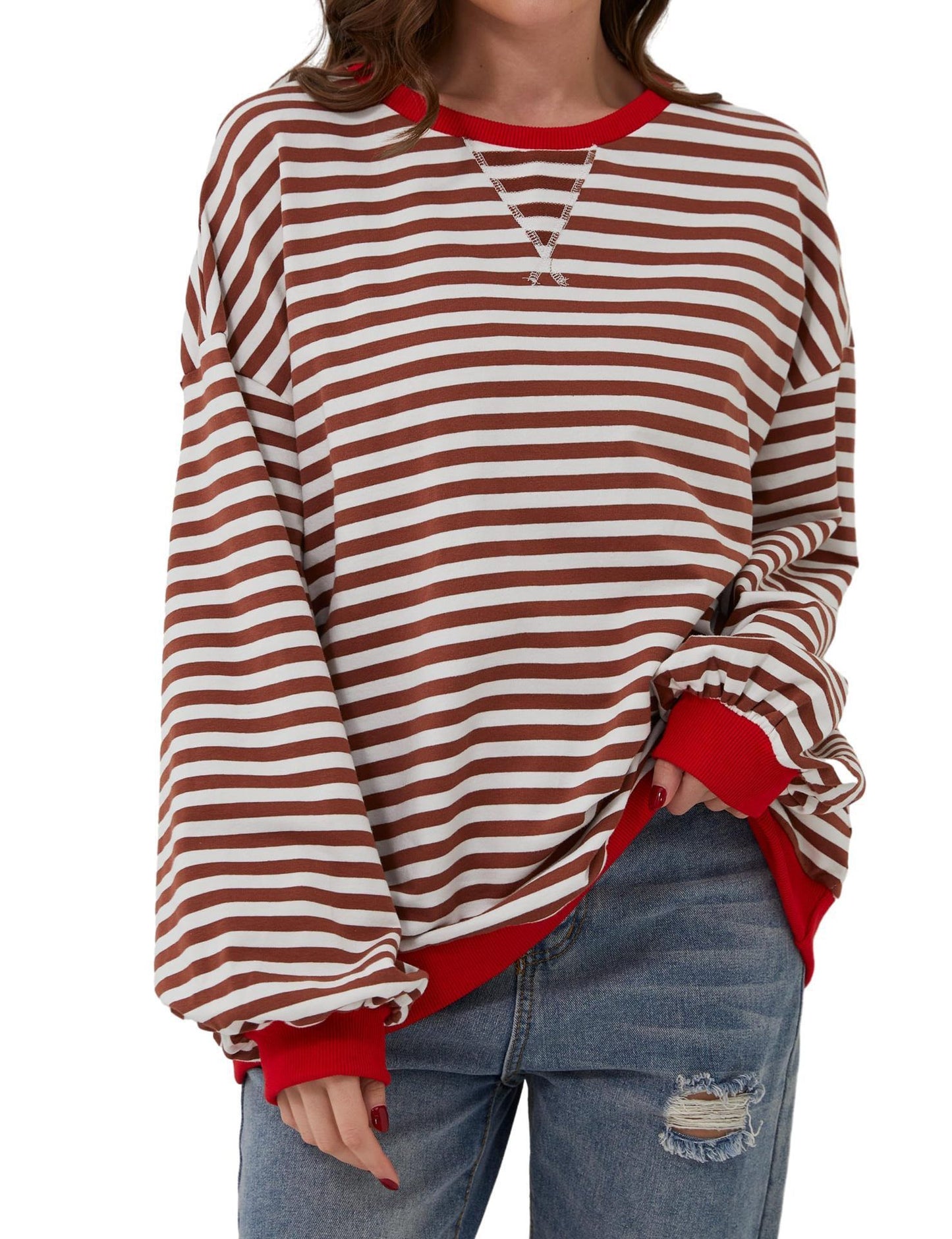 Simple Home Striped Pattern Round Neck Top