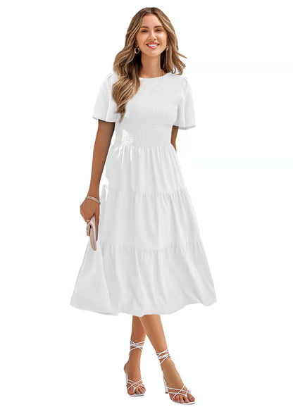 Spring And Summer Round Neck Smocking Vacation Dress