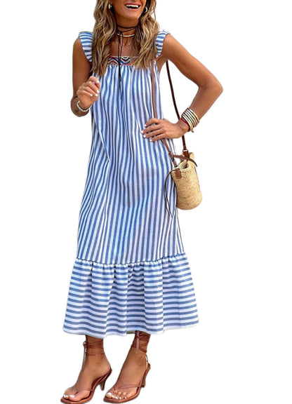 Square Collar Striped Lace-up Dress Mid-length Women