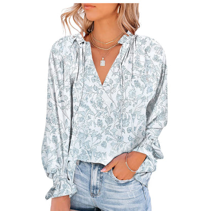 Women's V-neck Lace-up Printed Shirt Top