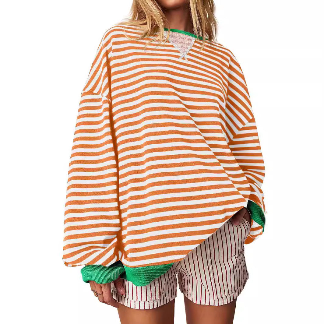 Women's Striped Embroidered Stitching Color-inserted Pullover Sweater