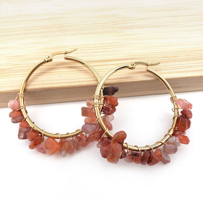 Large Circle Natural Crystal Stone Earrings Hand-wrapped Green Donglin Stone Women's Commuter Stainless Steel Earrings