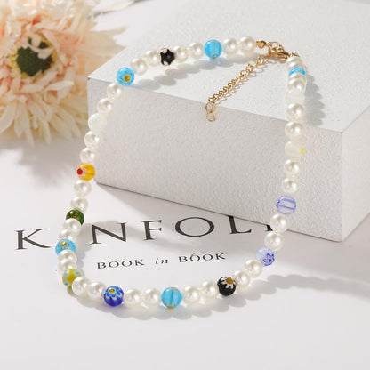 Bohemian Colorful Flowers Pearl Necklace