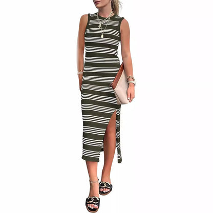 Casual Mid-length Sleeveless Hollow-out Knitted Side Slit Striped Vest Dress