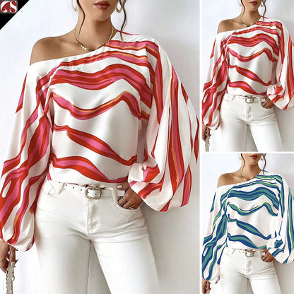 Off-neck Printed Loose-fitting Women's Shirt