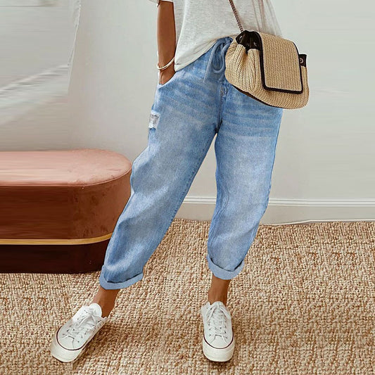 All-match Solid Color Drawstring Wash Denim Trousers For Women