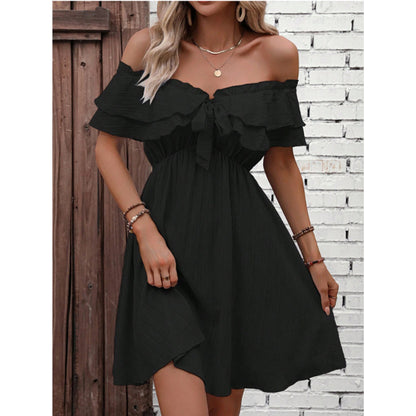 Solid Color Off-the-shoulder Knot Front Ruffled Dress