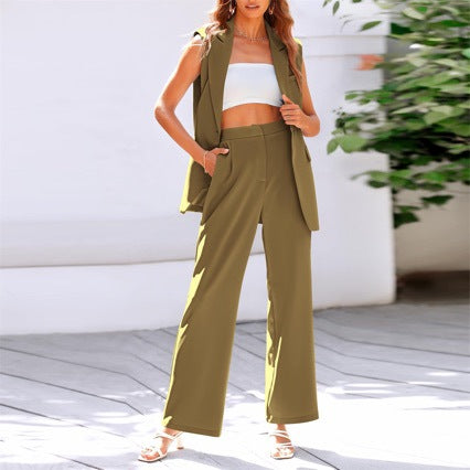 Women's Fashion Sleeveless Small Suit Straight-leg Trousers Suit