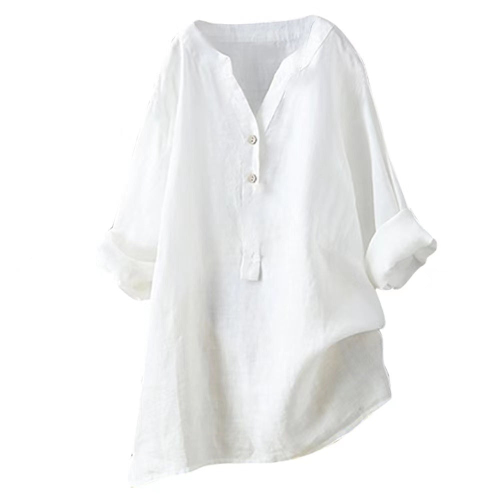 Loose Solid Color Stand Collar Button Long Sleeve Cotton And Linen Top