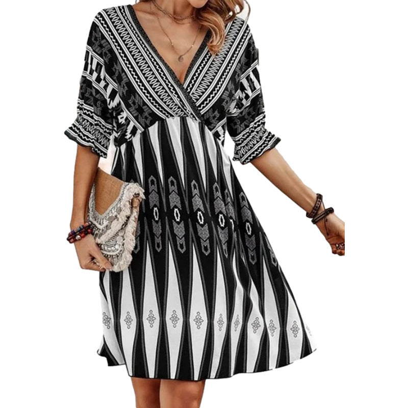 Women's Fashion V-neck Printed Short Sleeve Dress