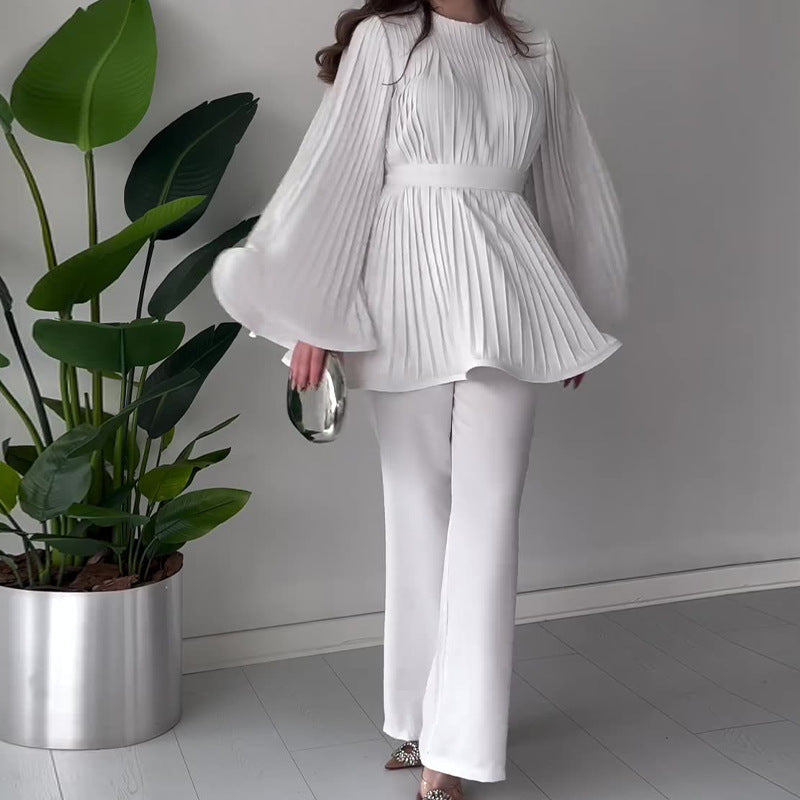 Crew-neck Batwing Sleeve Pleated Large Swing Top Elegant Suit