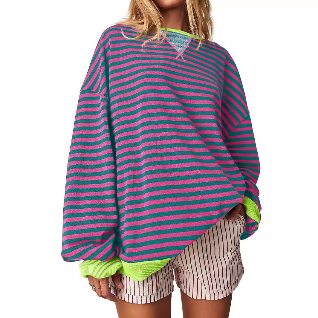 Women's Striped Embroidered Stitching Color-inserted Pullover Sweater