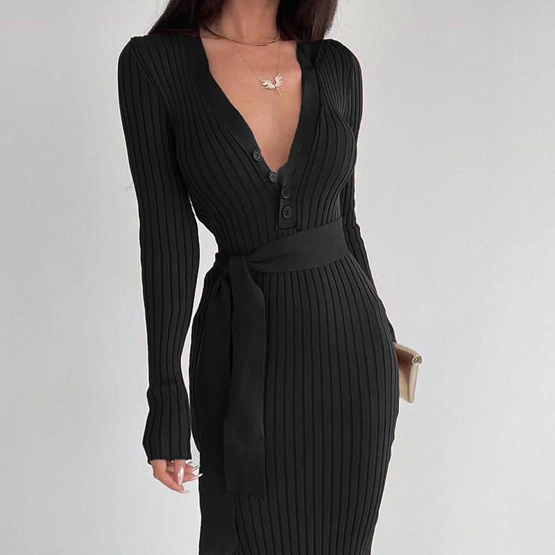 Women's Waist Button Dress Slim Knit Sunken Stripe