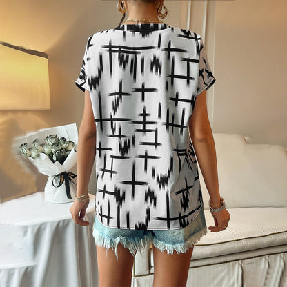 Women's Fashion Temperament Leisure Contrast Color Short Sleeve Top