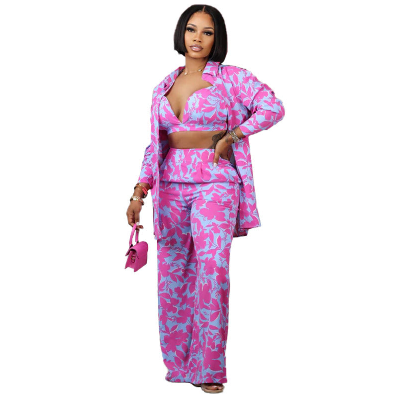 Women's Printed Trousers Three-piece Set Suit