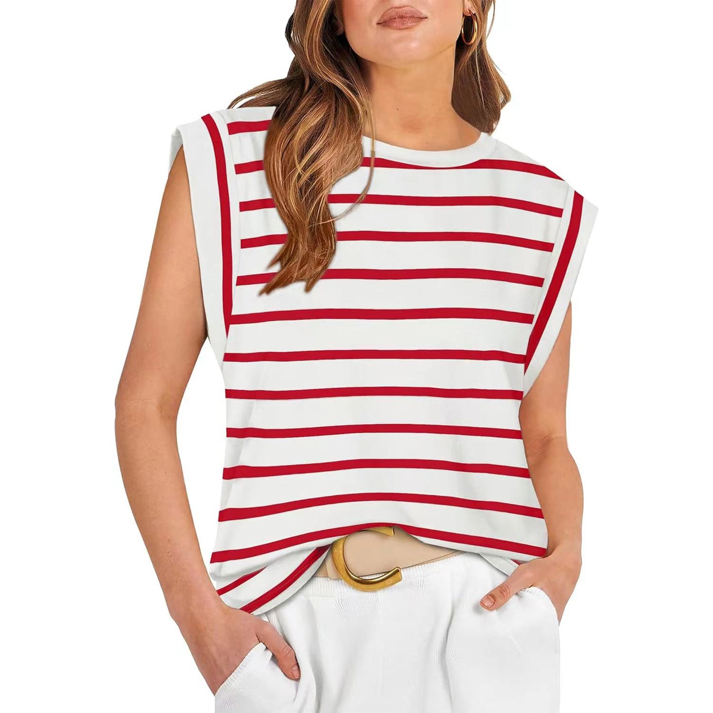 Round Neck Loose Short Sleeves T-shirt Striped Top Women's Vest