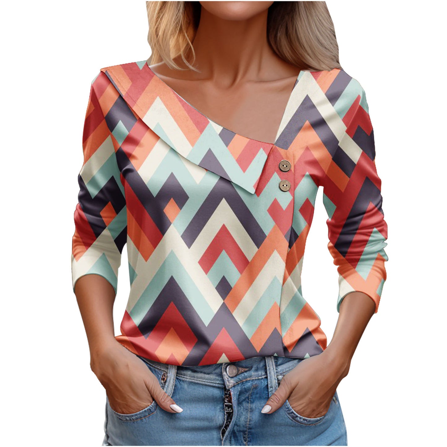 Women's Long-sleeved V-neck Printed T-shirt