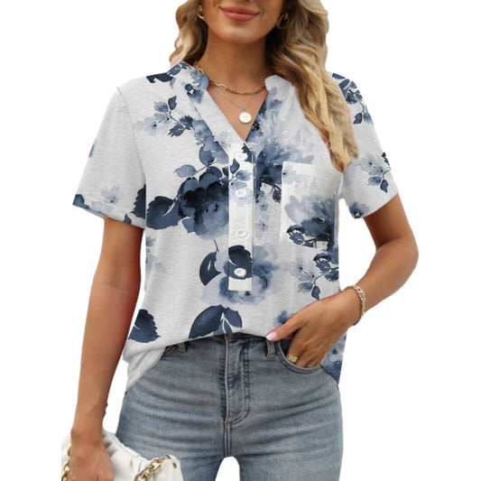 Women's V-neck Floral Print Short-sleeved Shirt