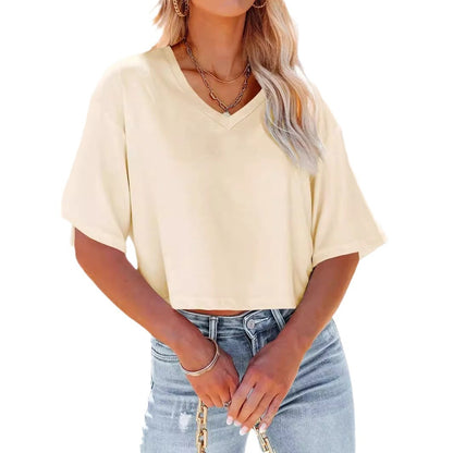 Women's V-neck Short Sleeve Loose T-shirt Short Midriff-baring Top