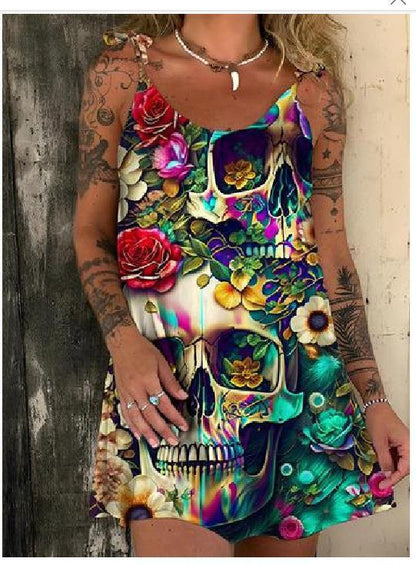 3D Printed Halloween Skull Lace Up Short Dress