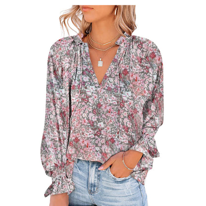 Women's V-neck Lace-up Printed Shirt Top