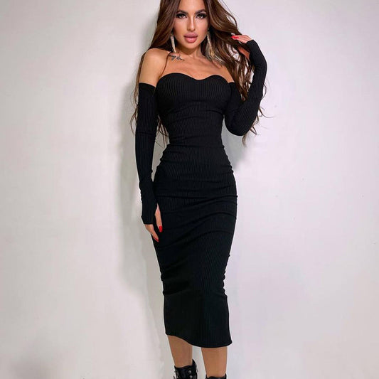 Women's Hip Knitwear Off-shoulder Long Sleeve Dress