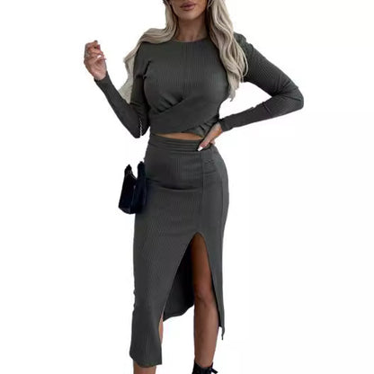 Knitted Slit Long Sleeve Narrow Mid-length Dress Set Women