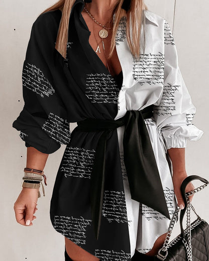 Letter Contrast Color Casual Loose Tied Shirt Dress