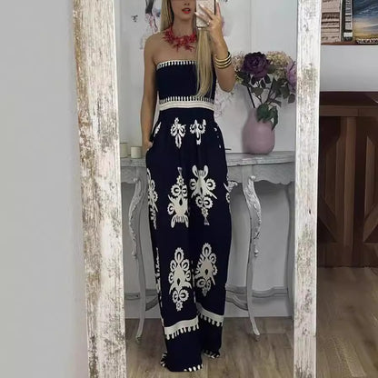 Wrapped Chest Printed Jumpsuit, High Waisted Casual Pants For Women