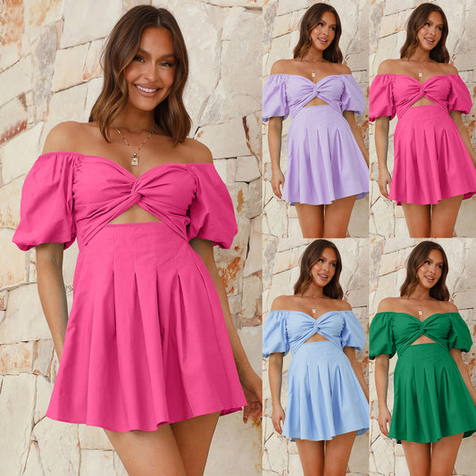 Sexy Off-the-shoulder Lantern Sleeve Pleated Dress