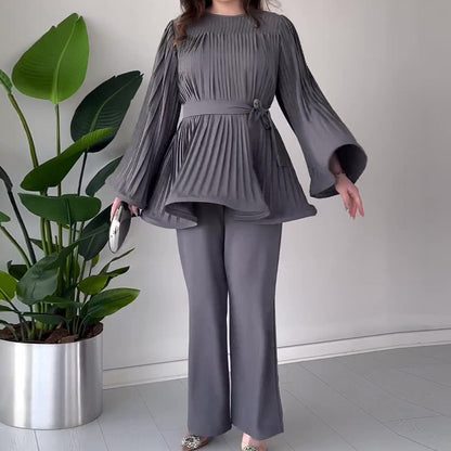 Crew-neck Batwing Sleeve Pleated Large Swing Top Elegant Suit