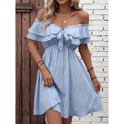 Solid Color Off-the-shoulder Knot Front Ruffled Dress