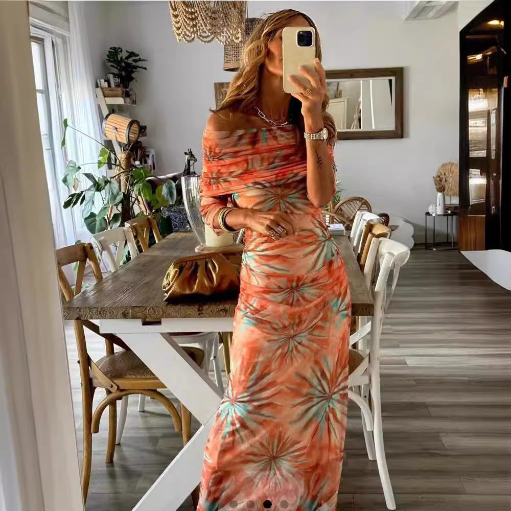 Printed Slim-fit Off-neck Long Sleeve Dress Women