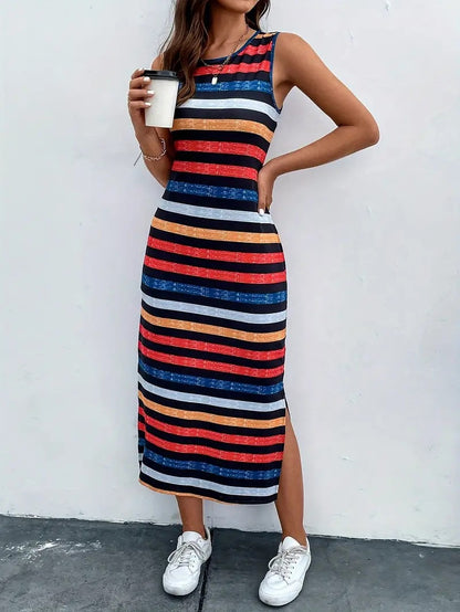 Fashion Striped Round Neck Sleeveless Dress Women